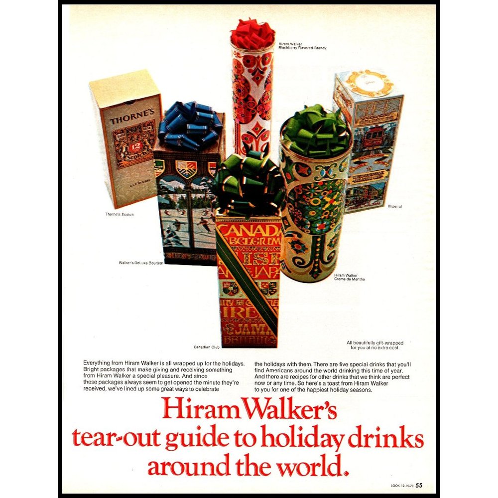 1970 Hiram Walker Christmas Gift Wrap Box Liquor Vintage Print Ad Wall Art Decor